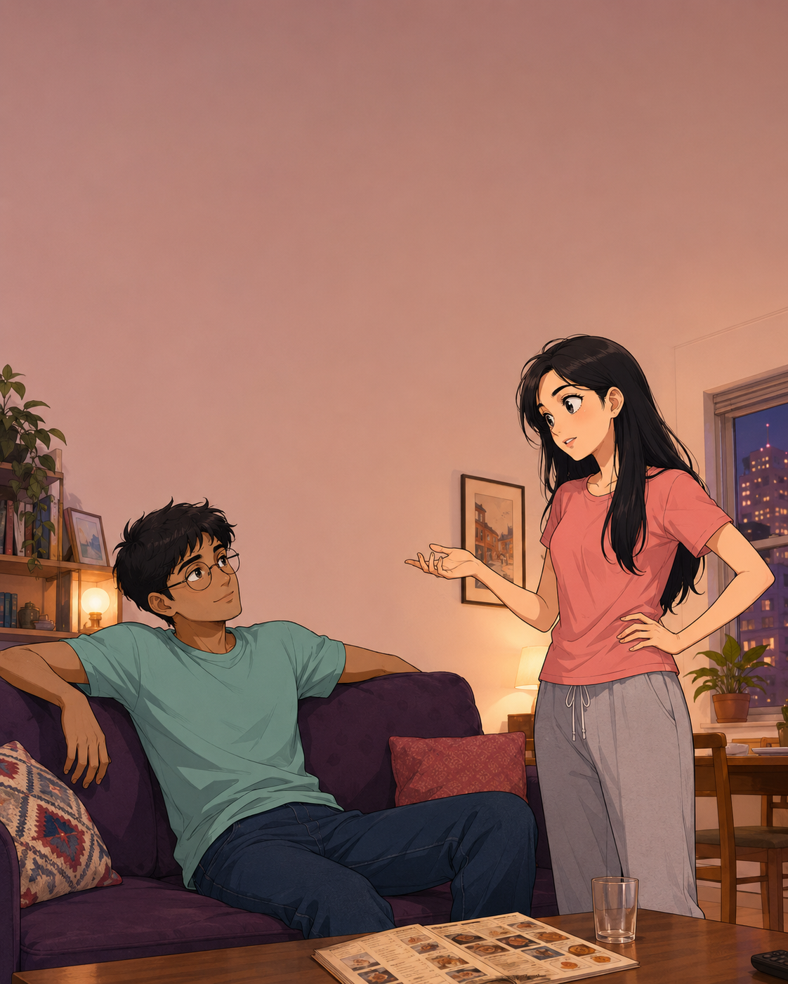 Rahul and K on the couch having the dinner conversation